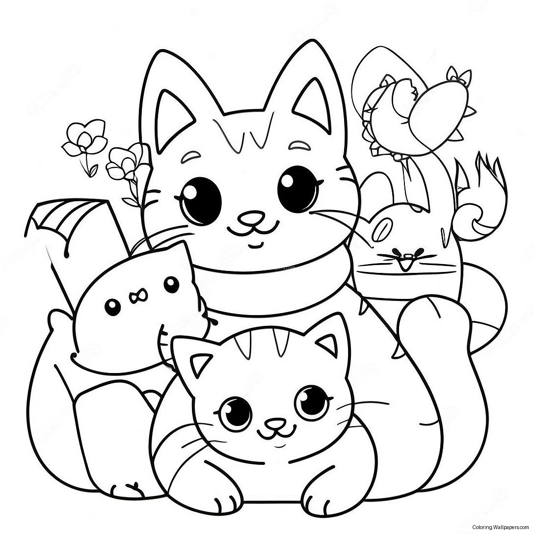 Adorable Cat And Kittens Coloring Page 19745