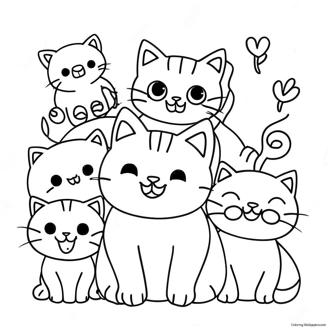 Adorable Cat And Kittens Coloring Page 19746