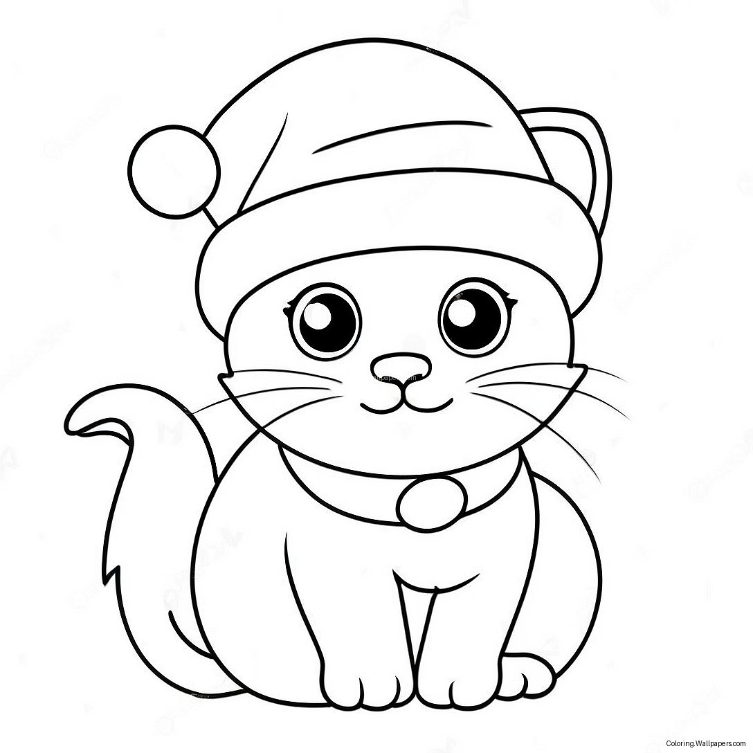 Gato De Natal Adorável Com Chapéu De Papai Noel Para Colorir 17133