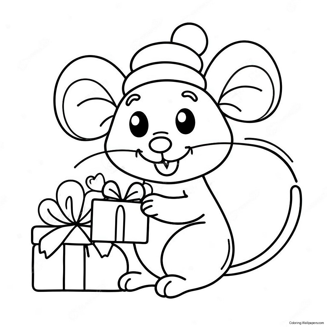 Schattige Kerst Muis Met Cadeau Kleurplaat 40477