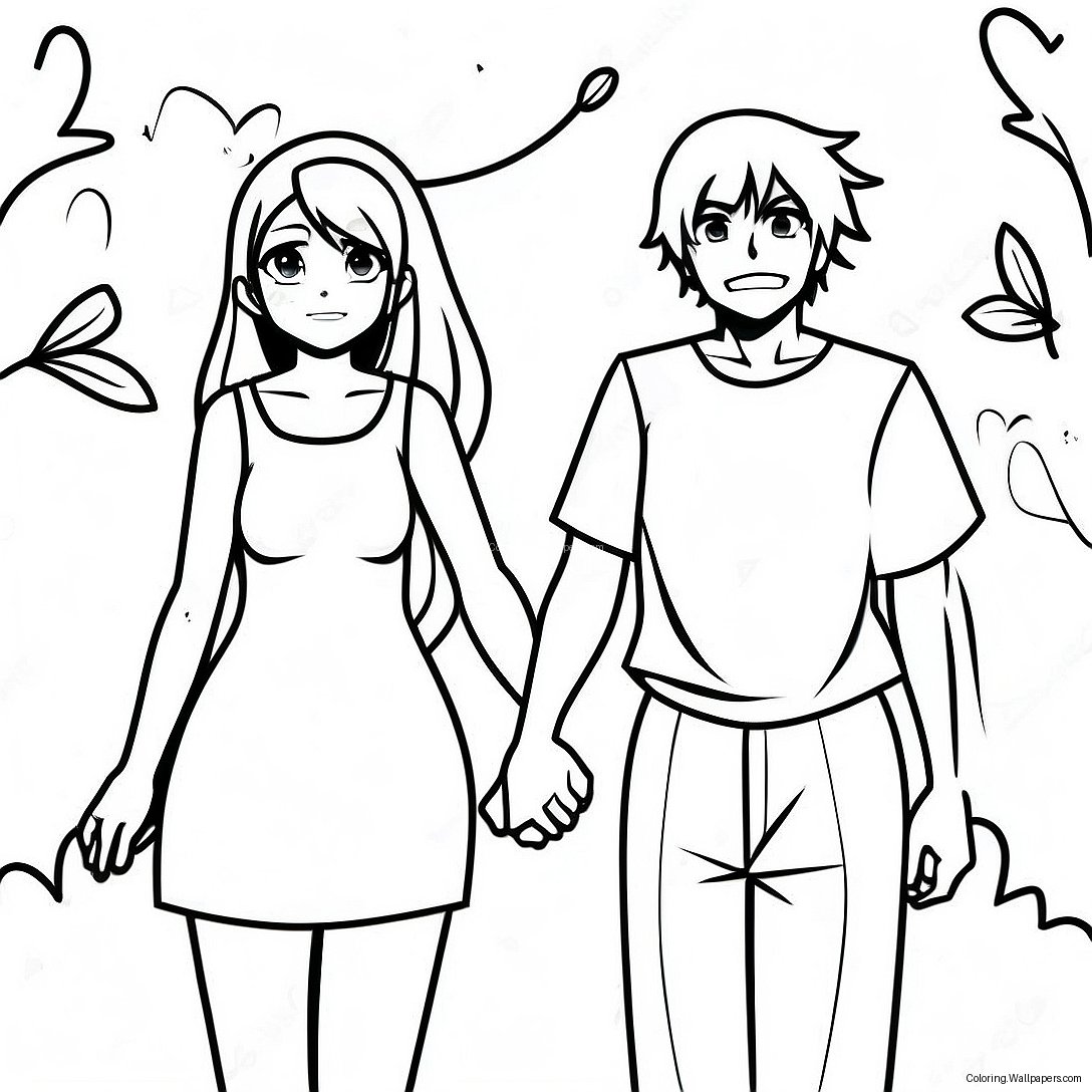 Anime Couple Holding Hands Coloring Page 36405