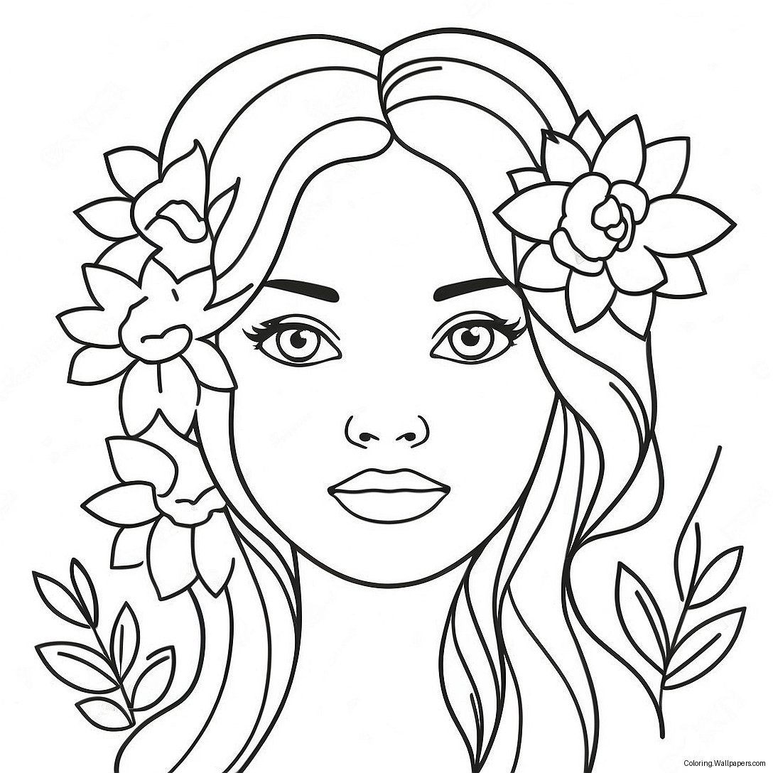 Beautiful Girl With Flowers Coloring Page 6366