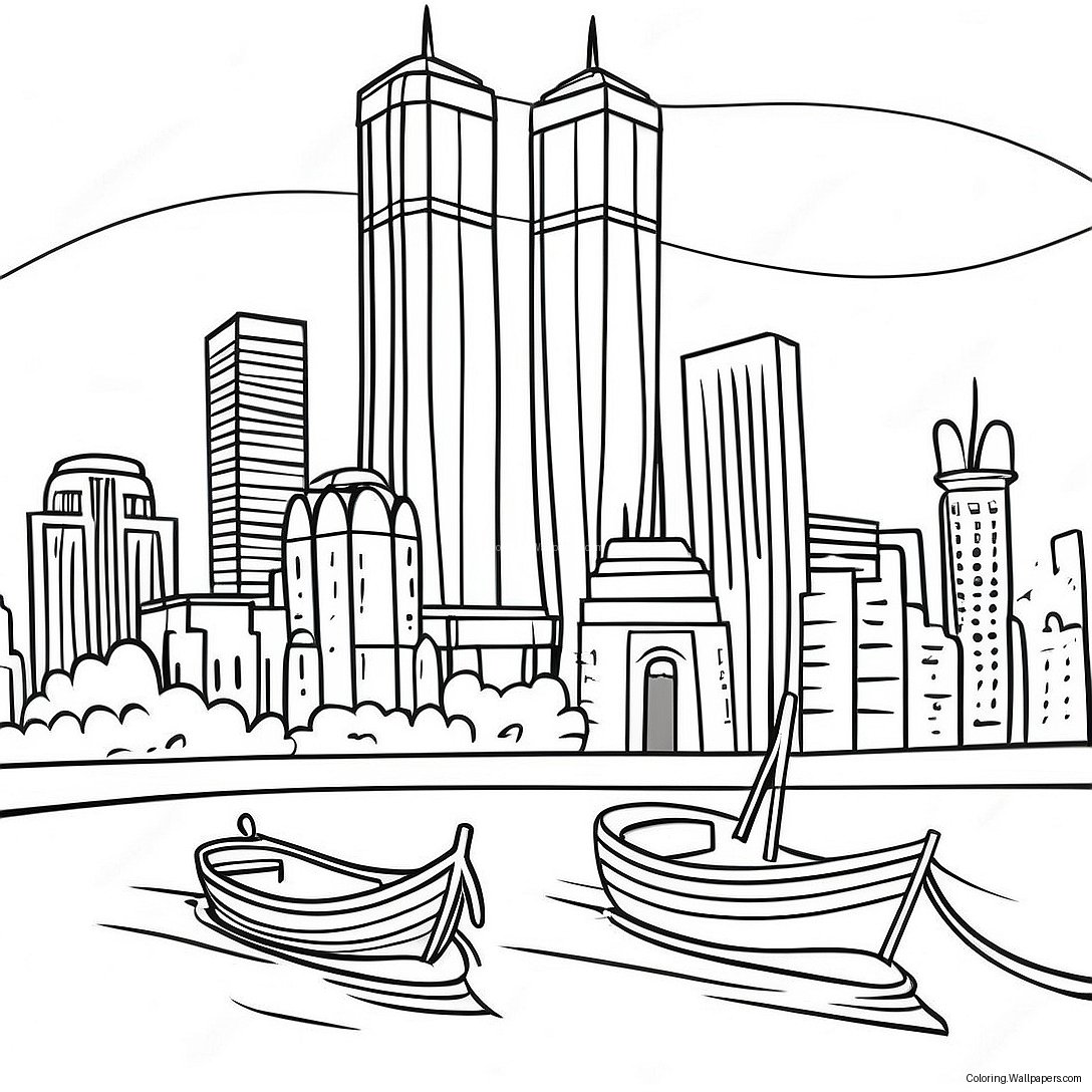 Beautiful Twin Towers Skyline Coloring Page 24991