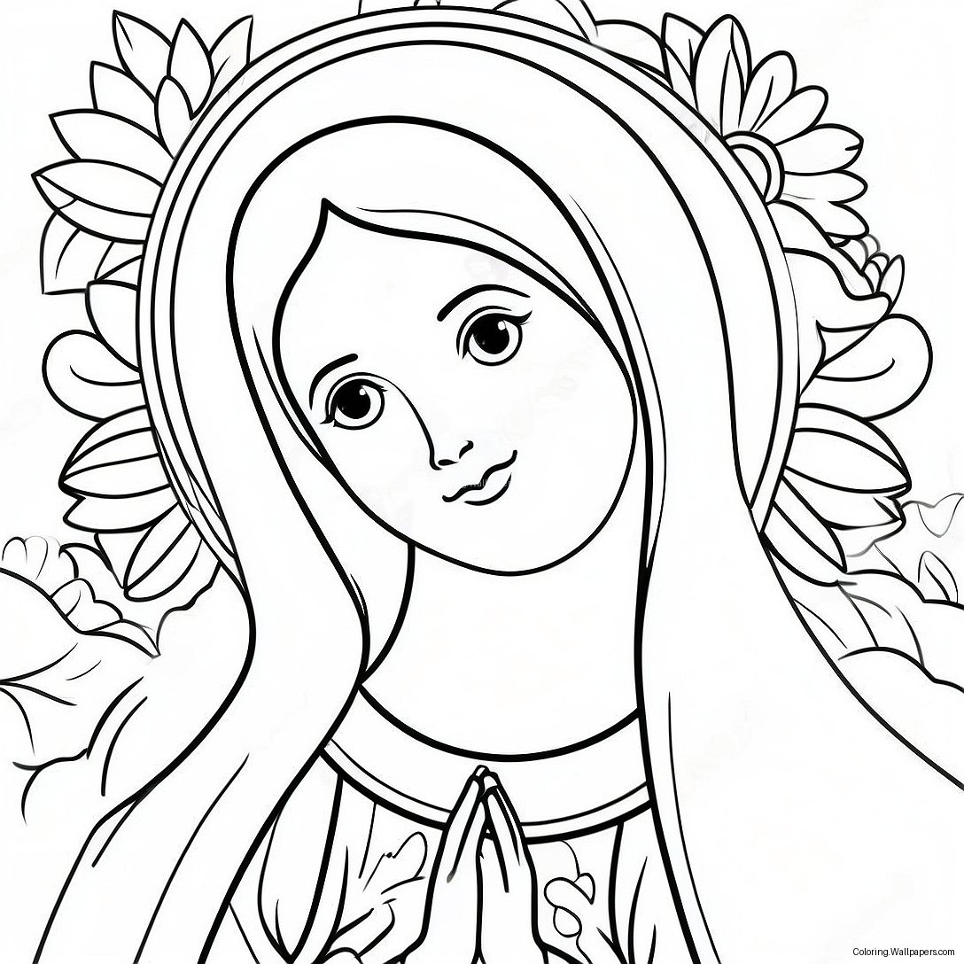 Beautiful Virgin Mary With Flowers Coloring Page 14446