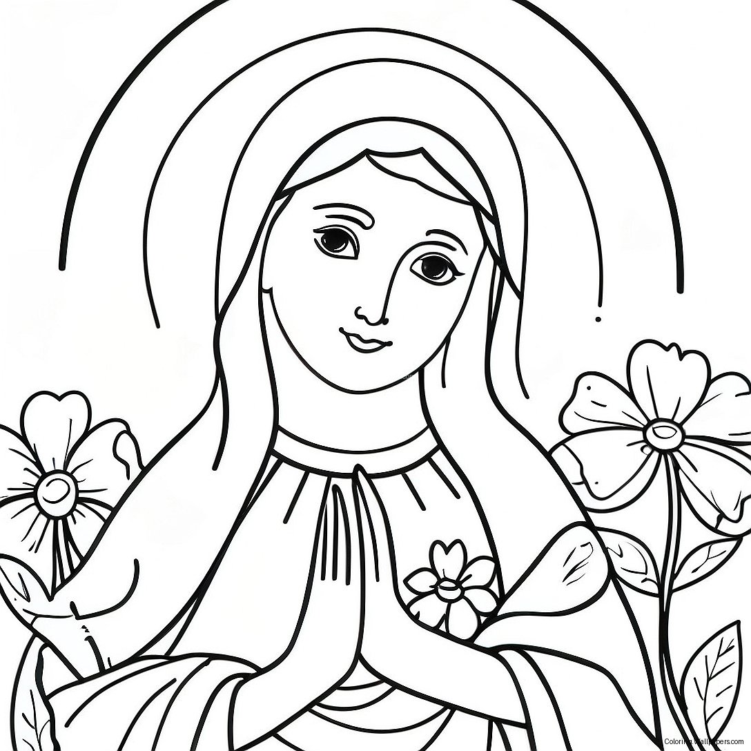 Beautiful Virgin Mary With Flowers Coloring Page 14447