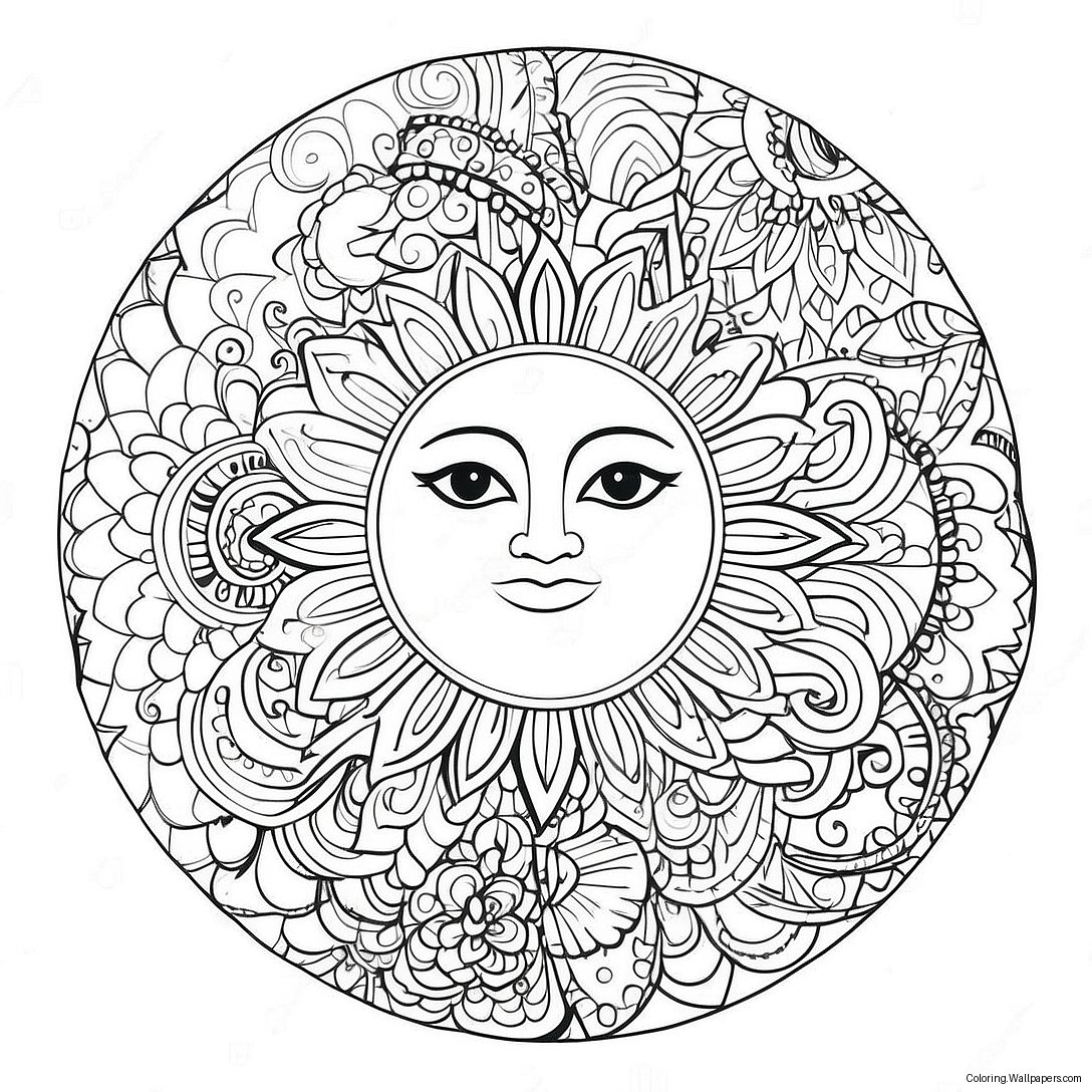 Bohemian Sun And Moon Mandala Coloring Page 7396