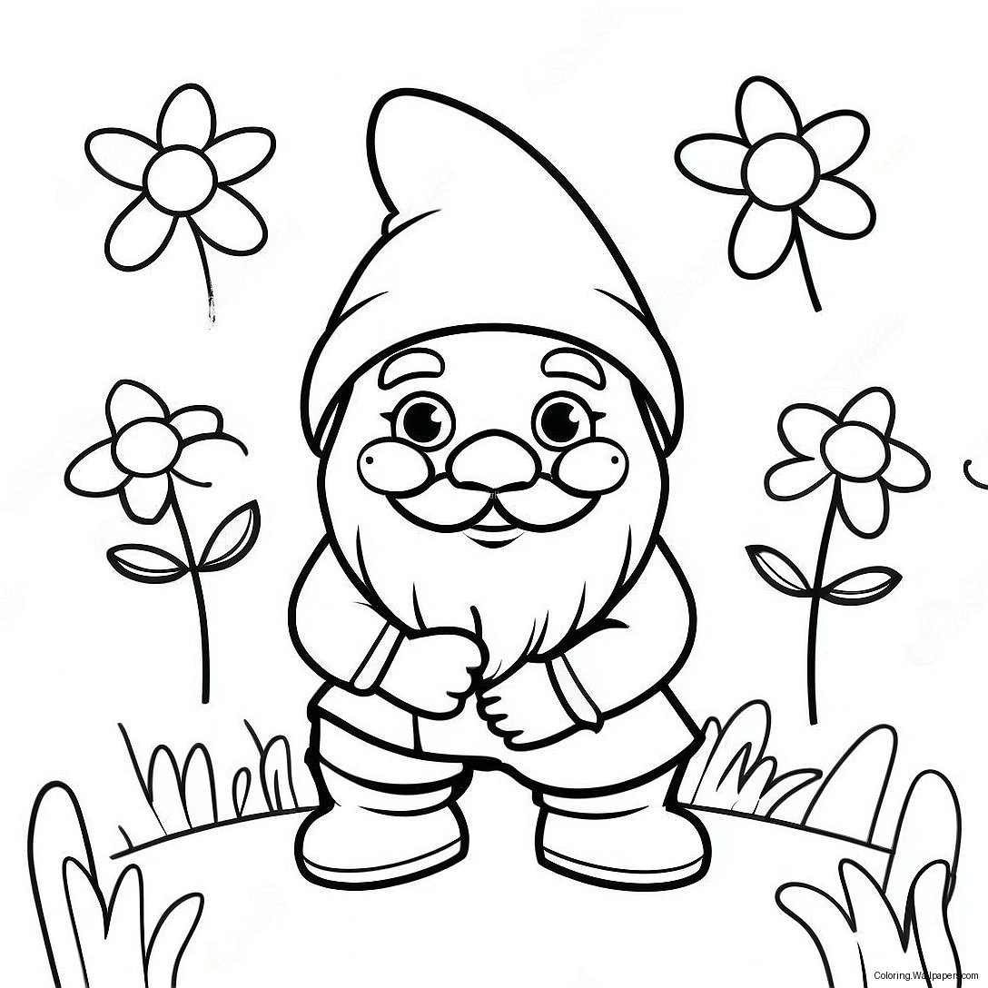 Cheerful Garden Gnome With Flowers Coloring Page 13079