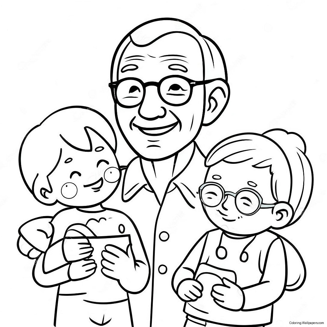 Cheerful Grandpa With Grandkids Coloring Page 21357