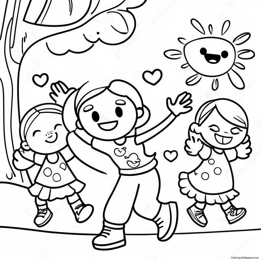 Cheerful Kids Spreading Kindness Coloring Page 16887