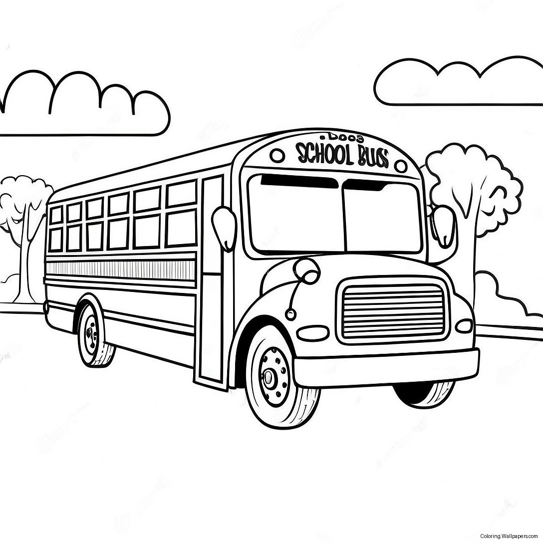 Cheerful School Bus Driving Through Town Coloring Page 7996