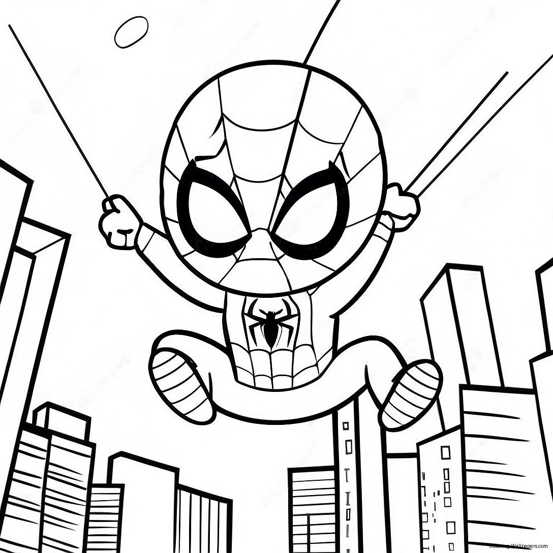 Página Para Colorear De Chibi Spiderman Balanceándose Por La Ciudad 29705