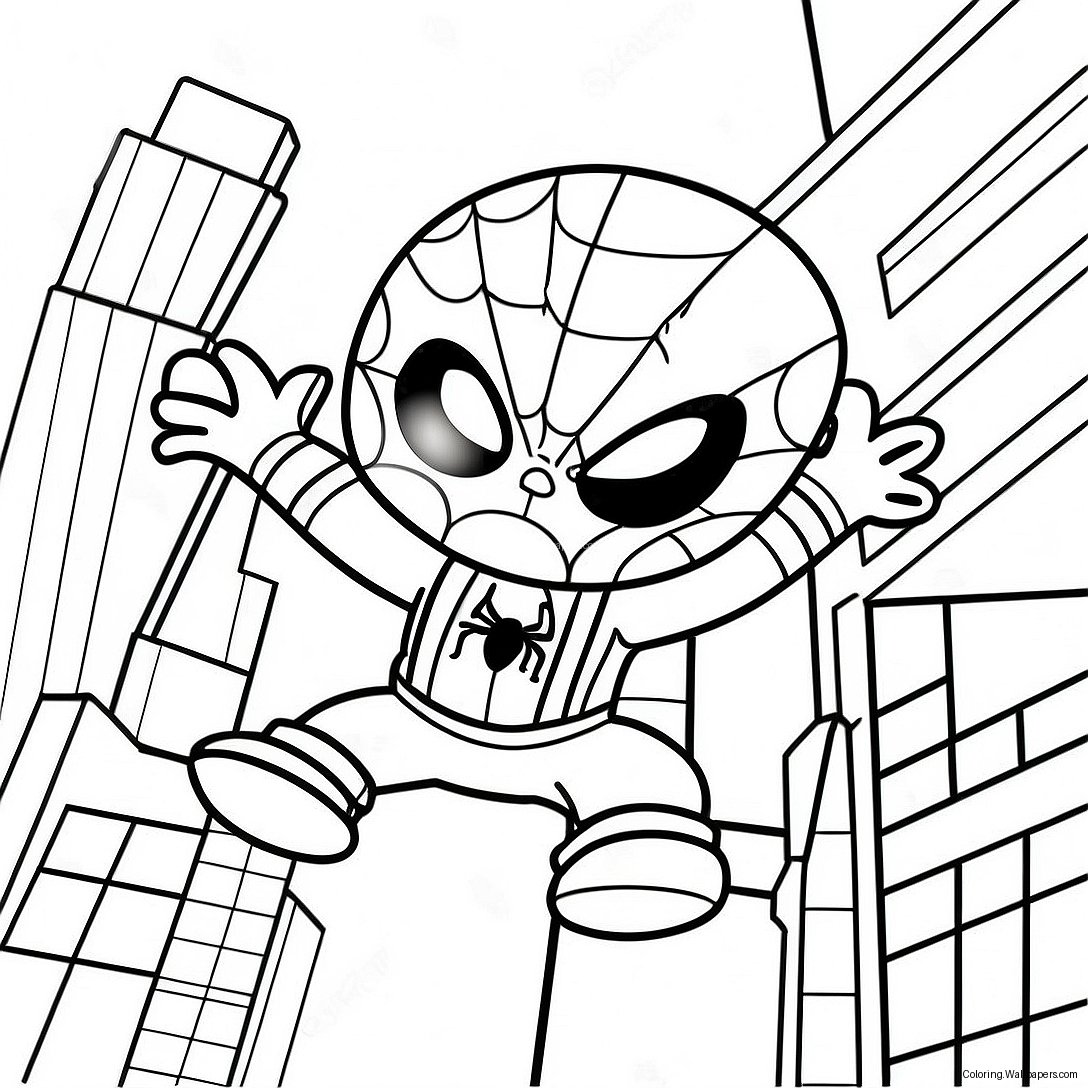 Chibi Spiderman Svingar Genom Staden Målning 29707