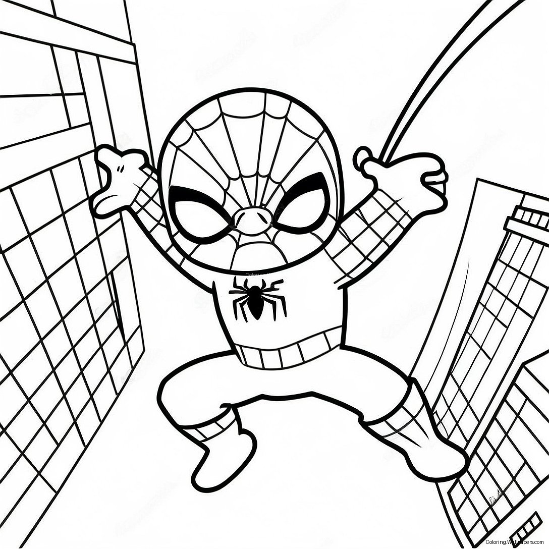 Page À Colorier De Spiderman Chibi Se Balançant À Travers La Ville 29708