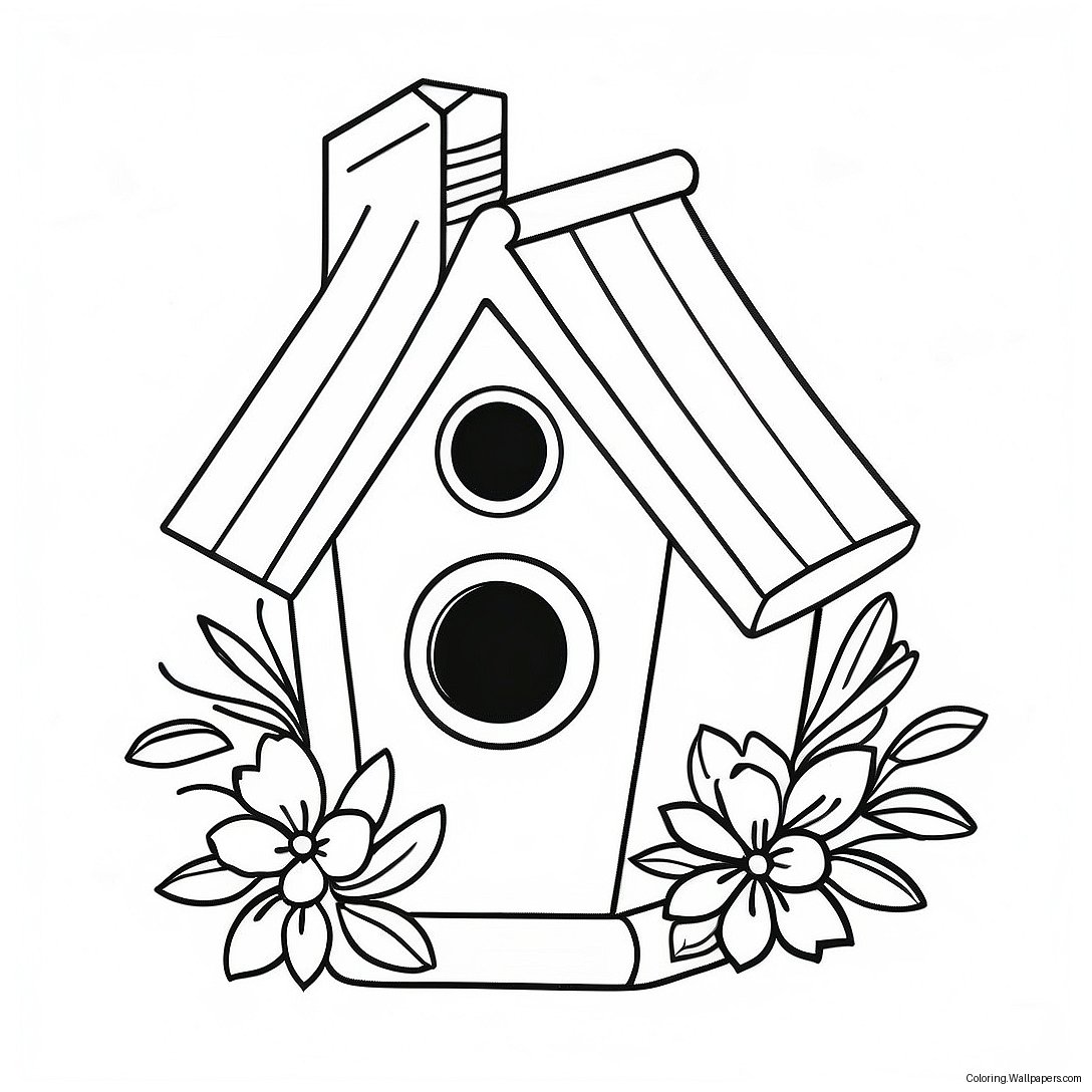 Colorful Bird House With Flowers Coloring Page 16568