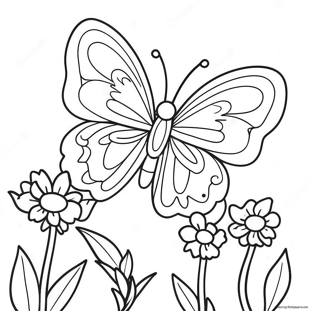 Colorful Butterfly Among Flowers Coloring Page 8318