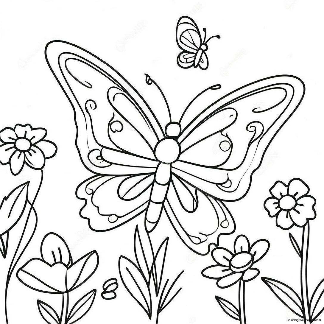 Colorful Butterfly Among Flowers Coloring Page 8320