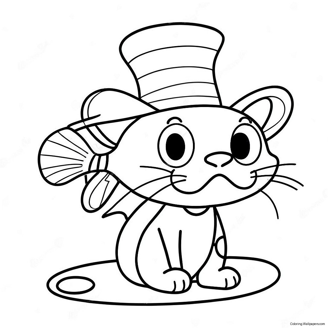 Colorful Cat In The Hat With Fish Coloring Page 48093