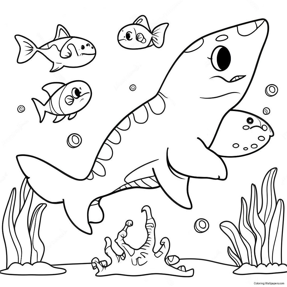 Colorful Dinosaur Shark Underwater Scene Coloring Page 55665