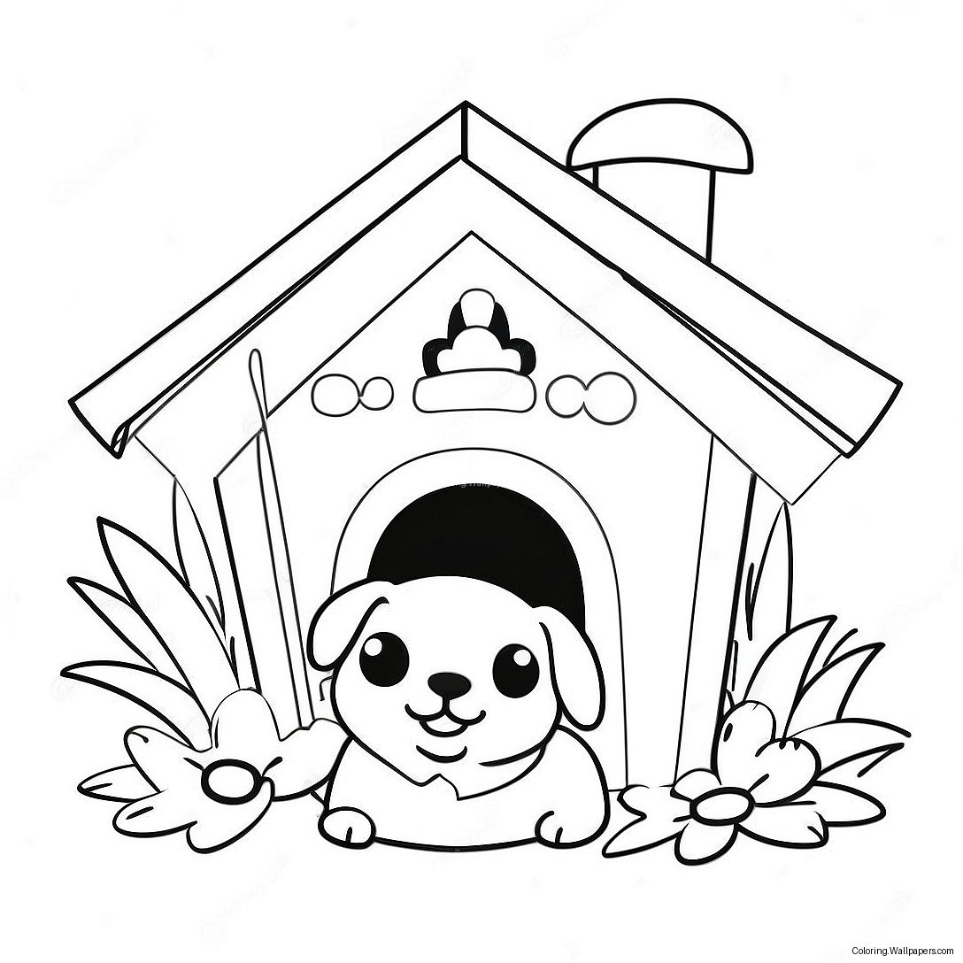 Colorful Dog House With Flowers Coloring Page 35703