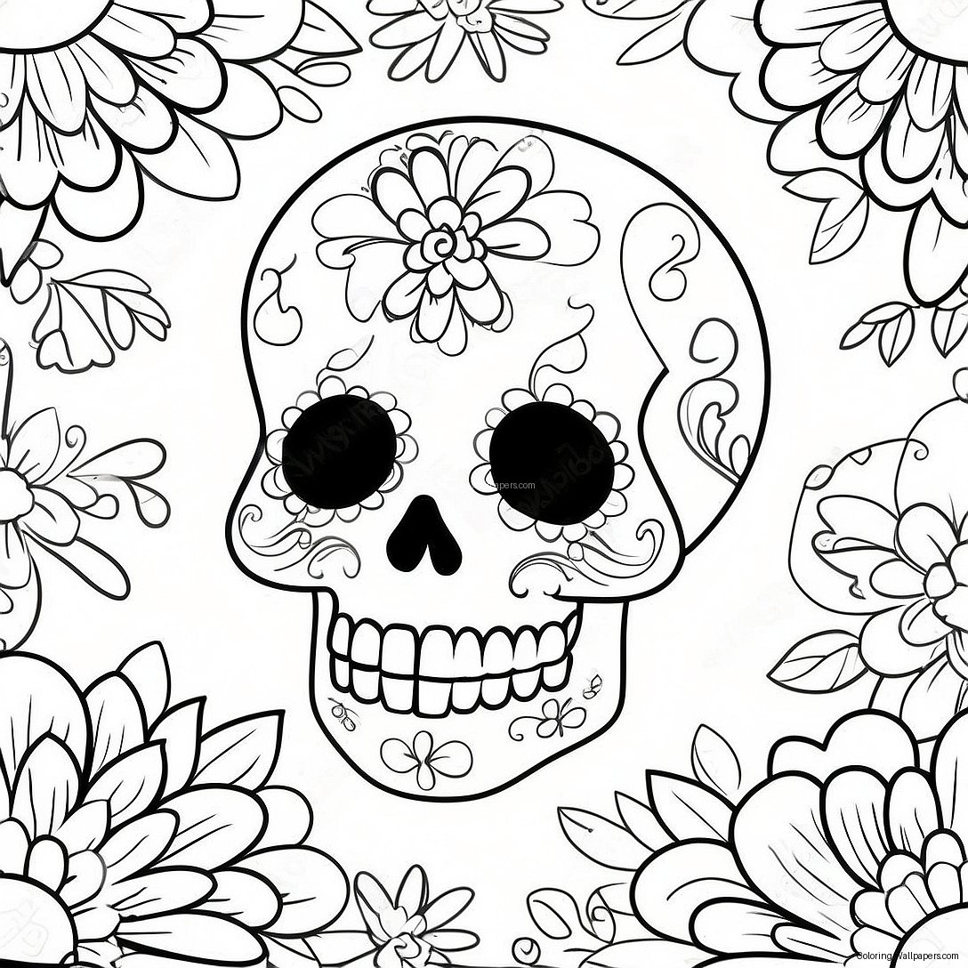 Colorful Girly Sugar Skull With Flowers Coloring Page 40679