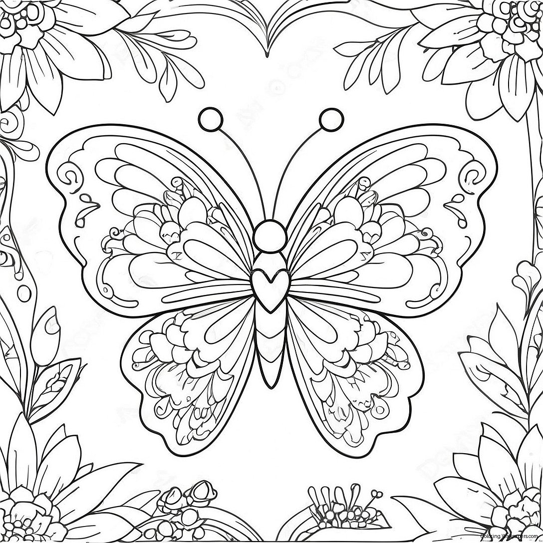 Colorful Heart Butterfly With Flowers Coloring Page 56536