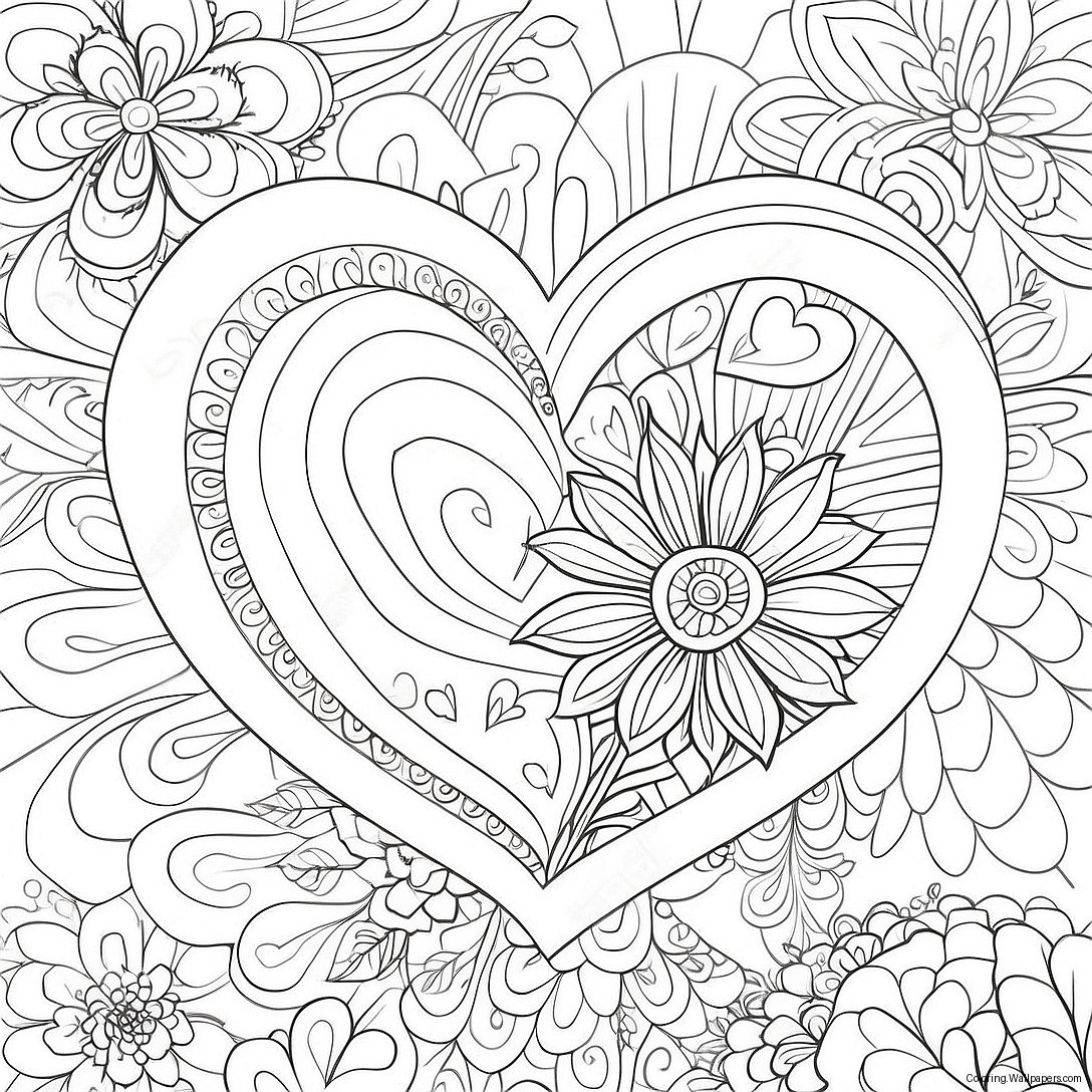 Colorful Hearts And Vibrant Flowers Coloring Page 2833