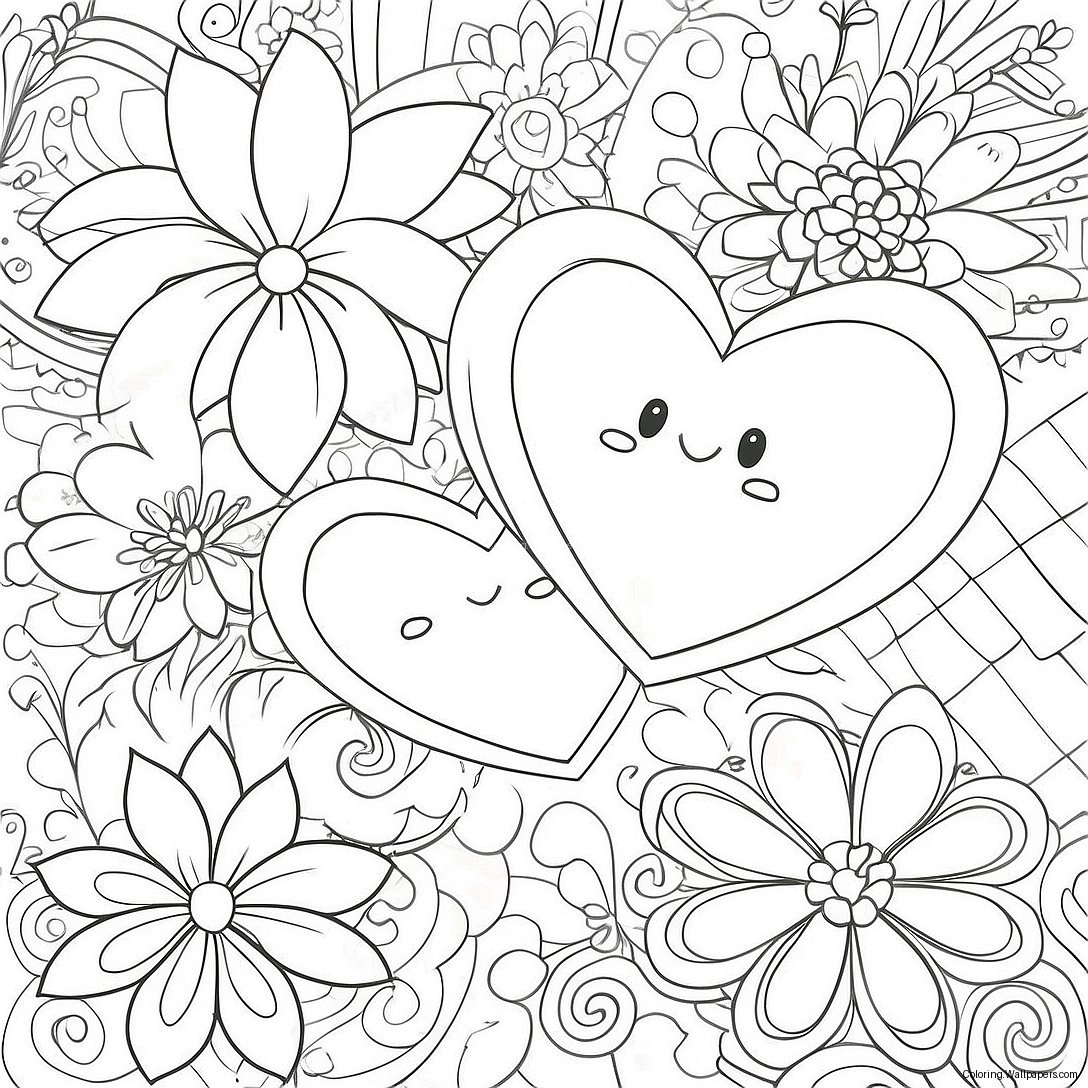 Colorful Hearts And Vibrant Flowers Coloring Page 2834