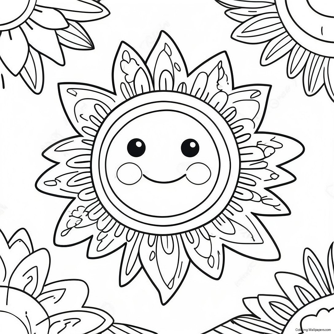 Colorful Hippie Sun With Flowers Coloring Page 34041