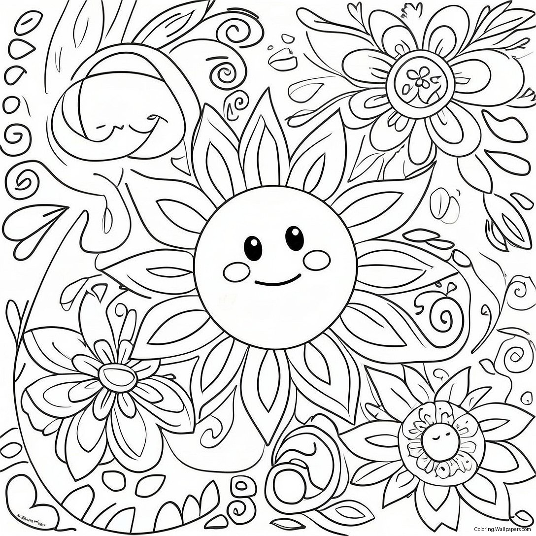 Colorful Hippie Sun With Flowers Coloring Page 34042