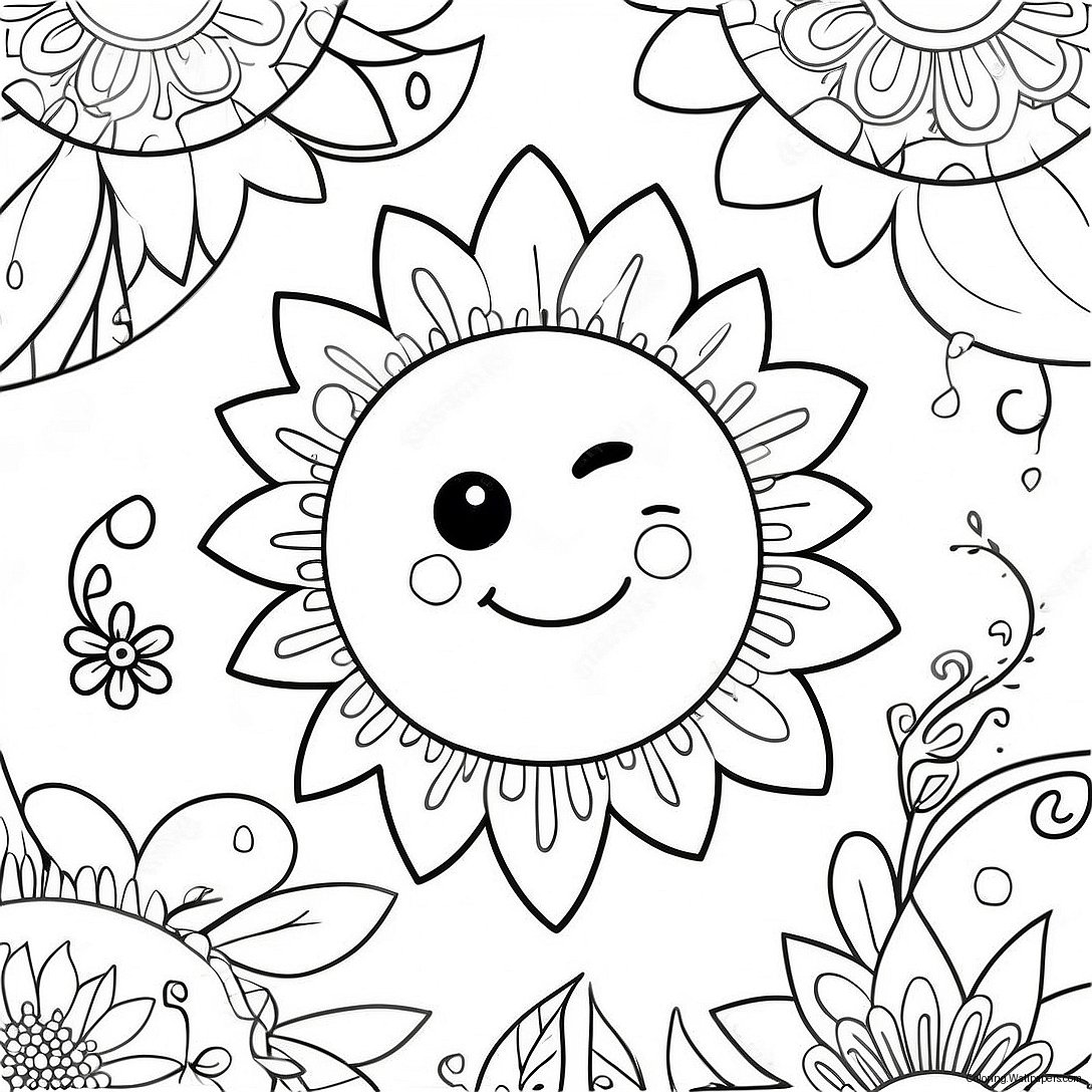 Colorful Hippie Sun With Flowers Coloring Page 34044