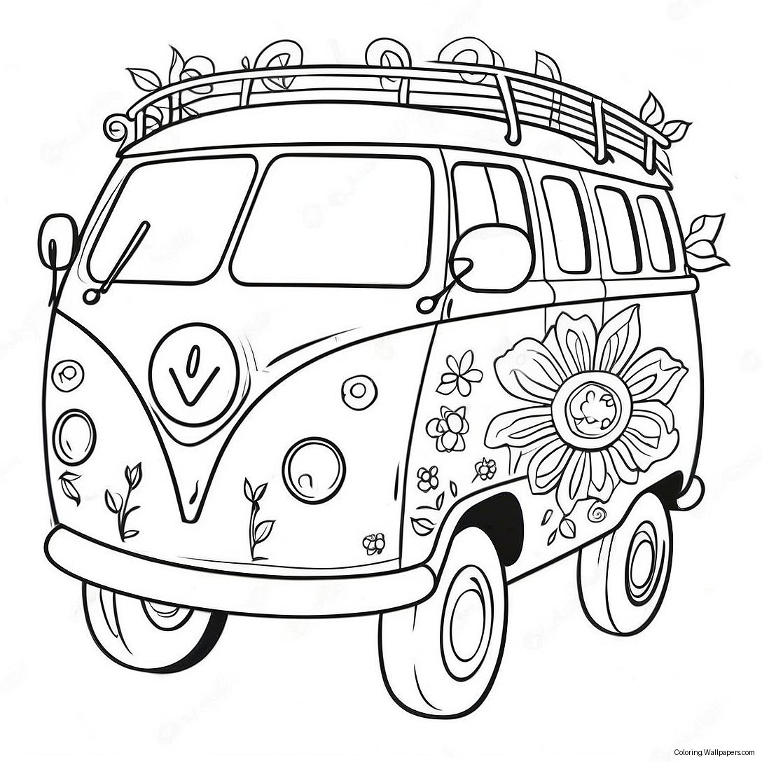 Bunter Hippie-Van Mit Blumen Ausmalbild 38032