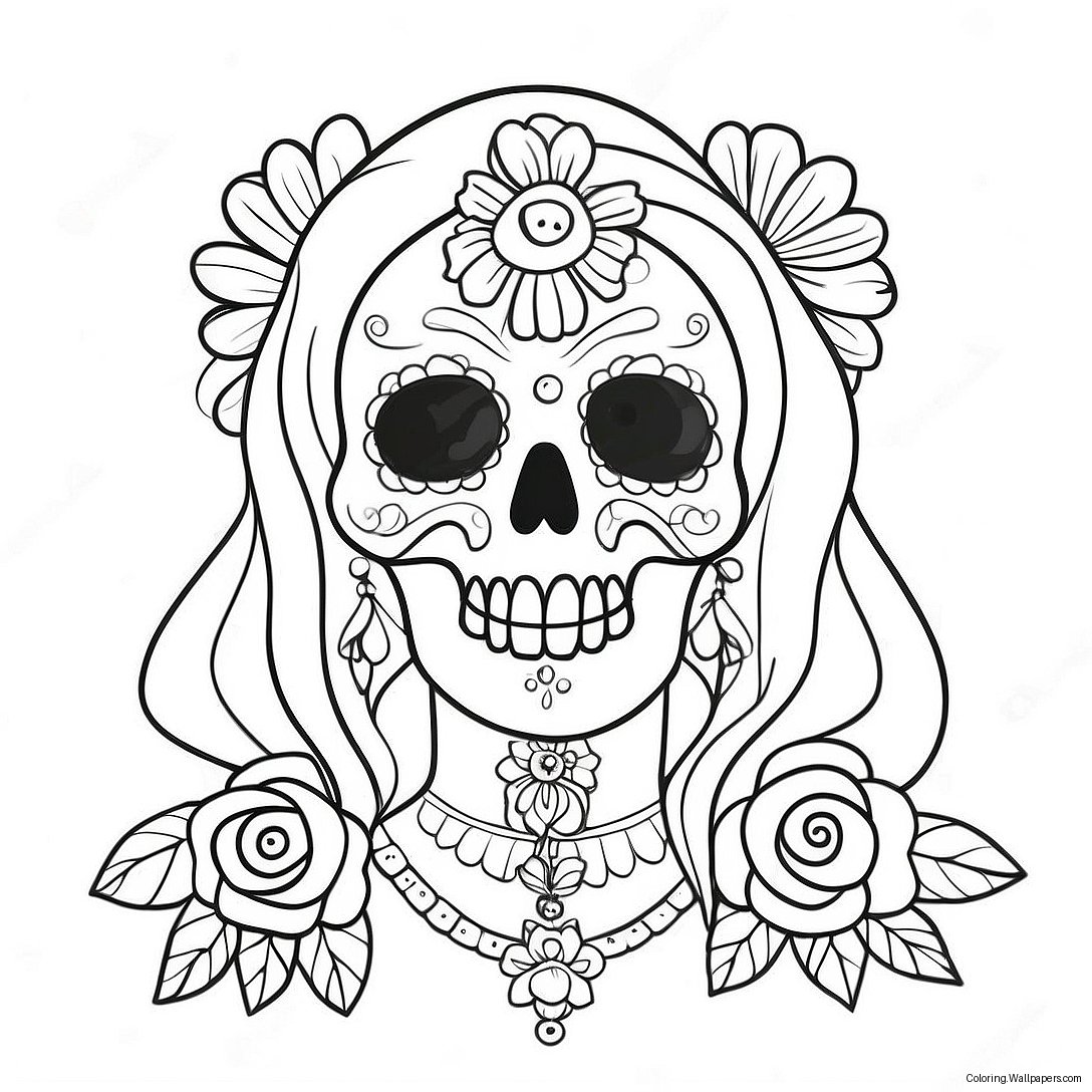 Colorful Santa Muerte With Flowers Coloring Page 36159