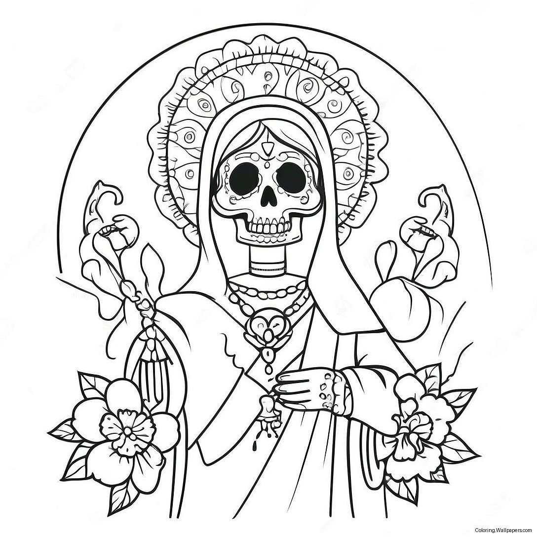 Värikäs Santa Muerte Kukkien Kanssa Värityskuva 36160