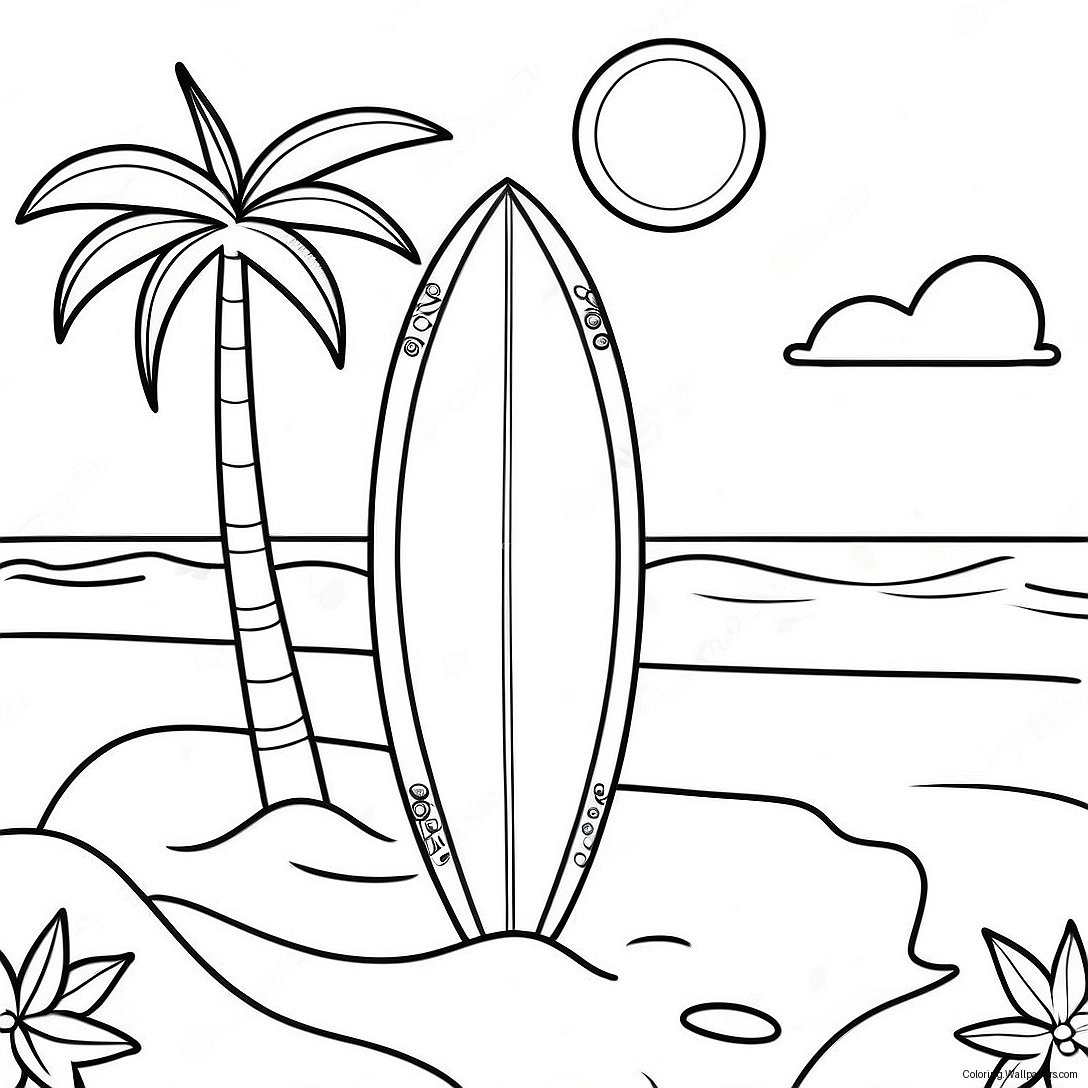 Colorful Surfboard On The Beach Coloring Page 45578