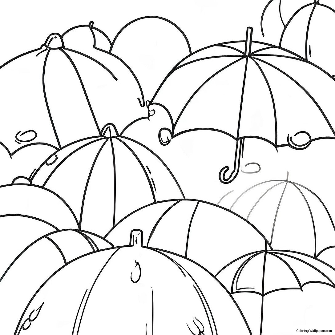 Colorful Umbrellas In The Rain Coloring Page 10469