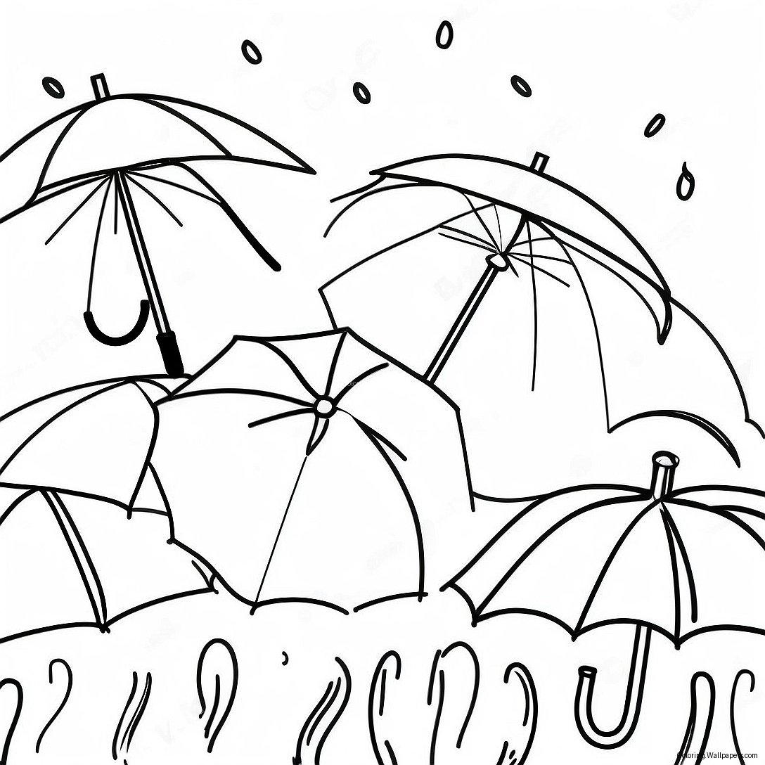 Colorful Umbrellas In The Rain Coloring Page 10470