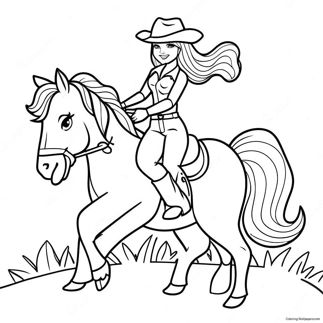 Cowgirl Barbie Riding A Horse Coloring Page 35717