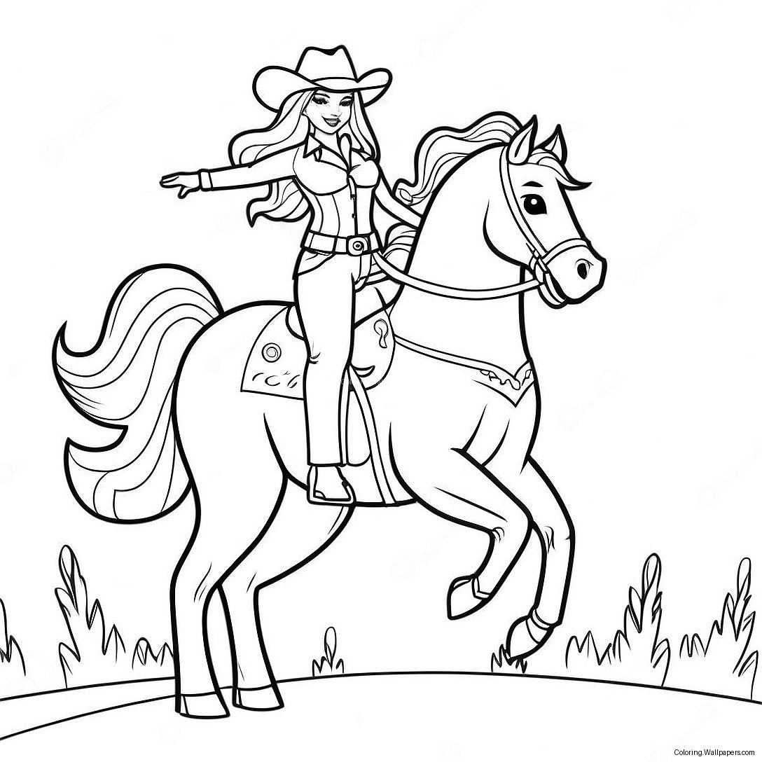 Página Para Colorir Da Barbie Cowgirl Montando Um Cavalo 35718