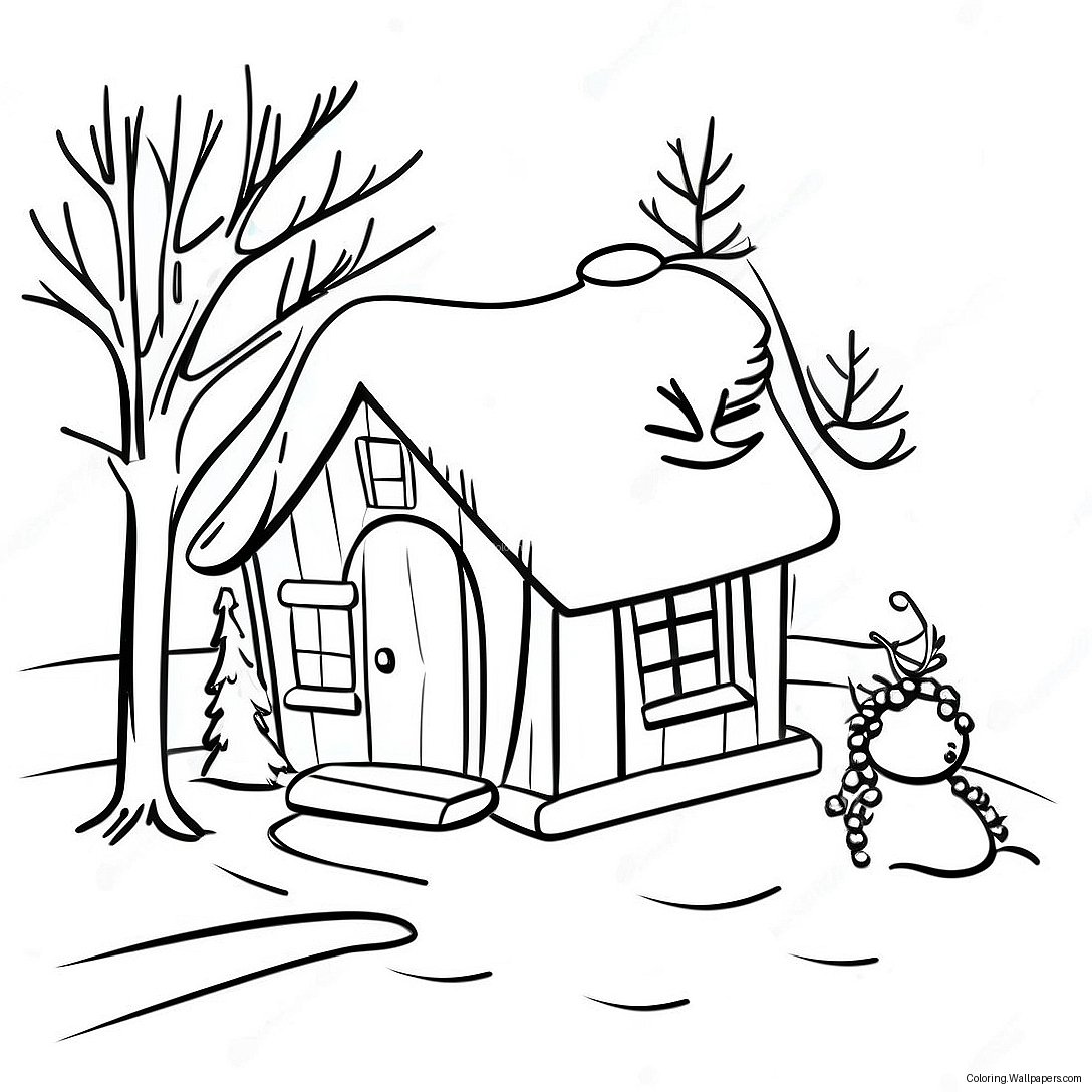 Cozy Winter Cabin With Snowman Coloring Page 22365