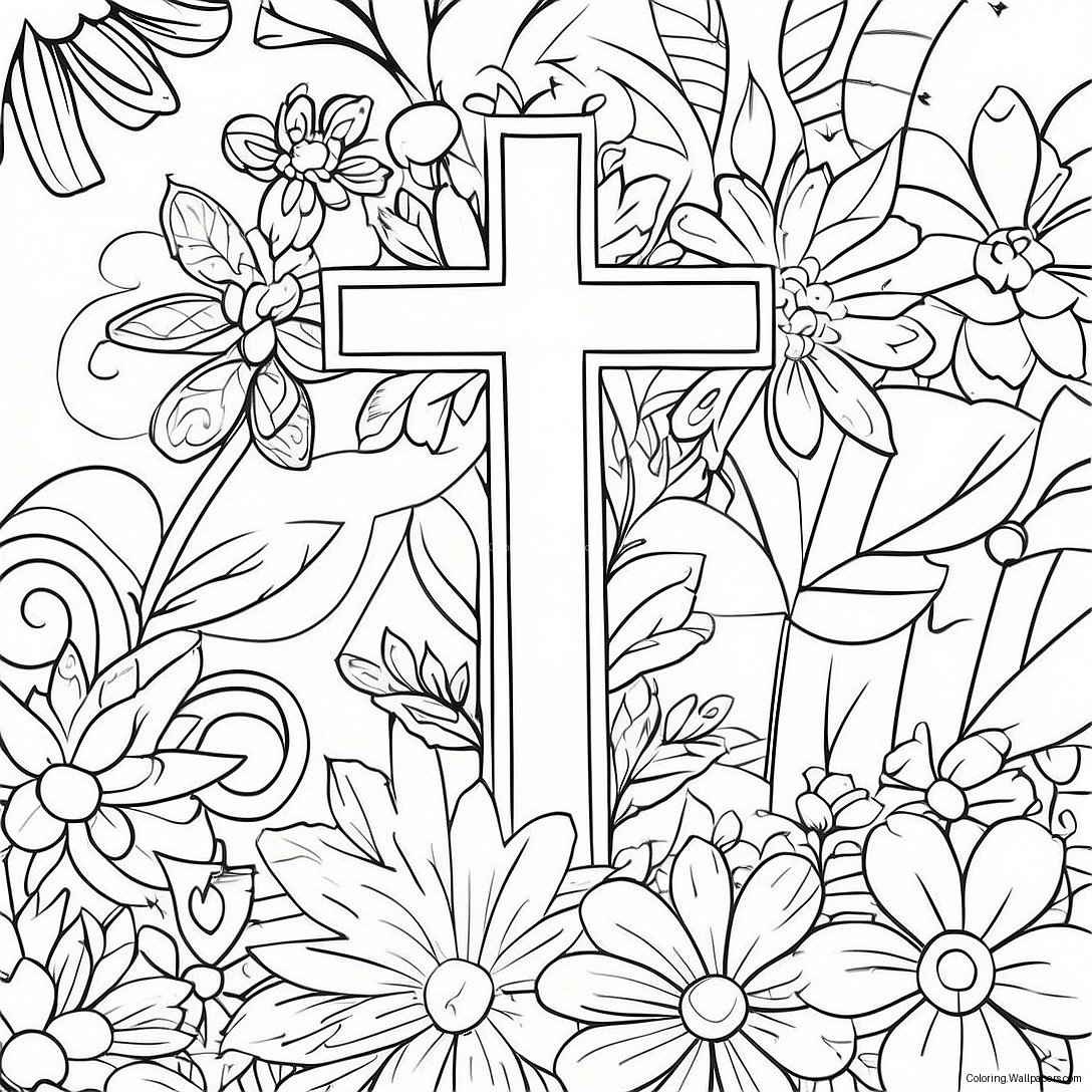 Cross With Colorful Flowers Coloring Page 47536