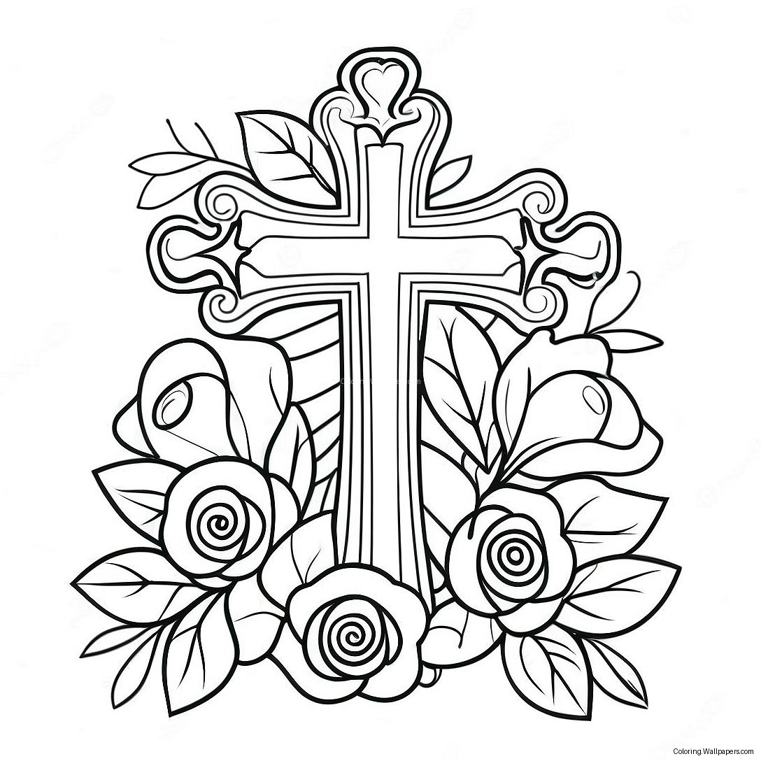 Cross With Roses Floral Design Coloring Page 27387