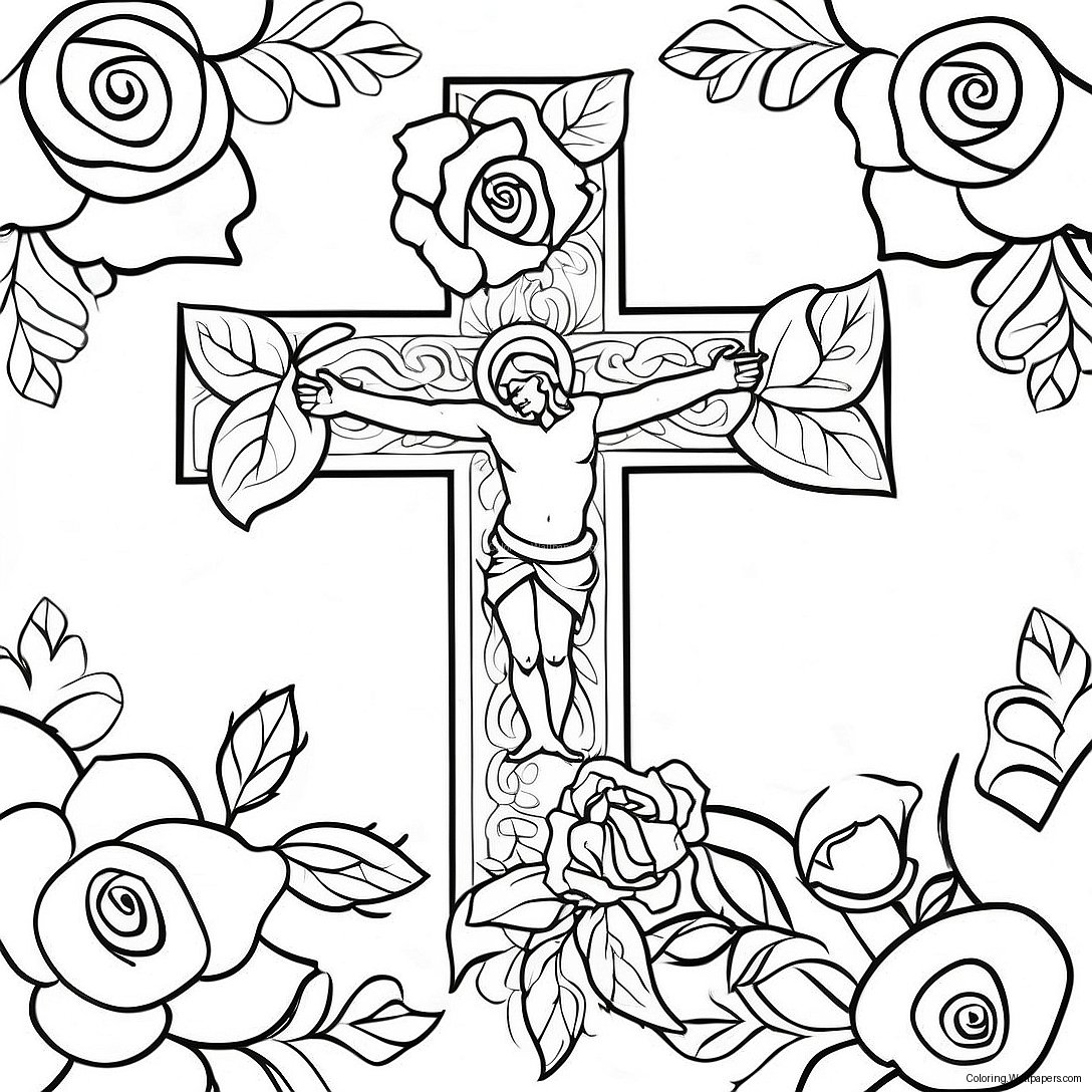 Cross With Roses Floral Design Coloring Page 27388