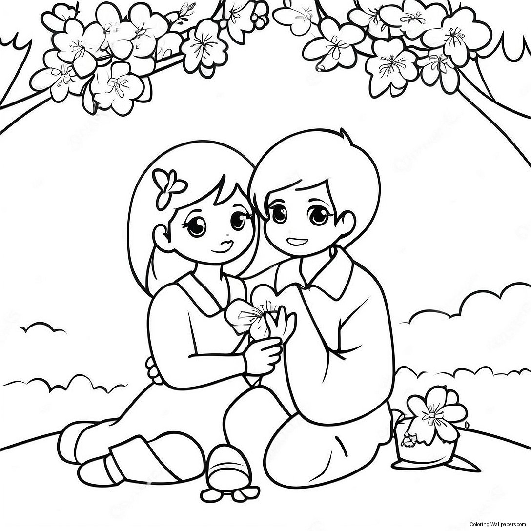 Cute Anime Couple Under A Cherry Blossom Tree Coloring Page 36409