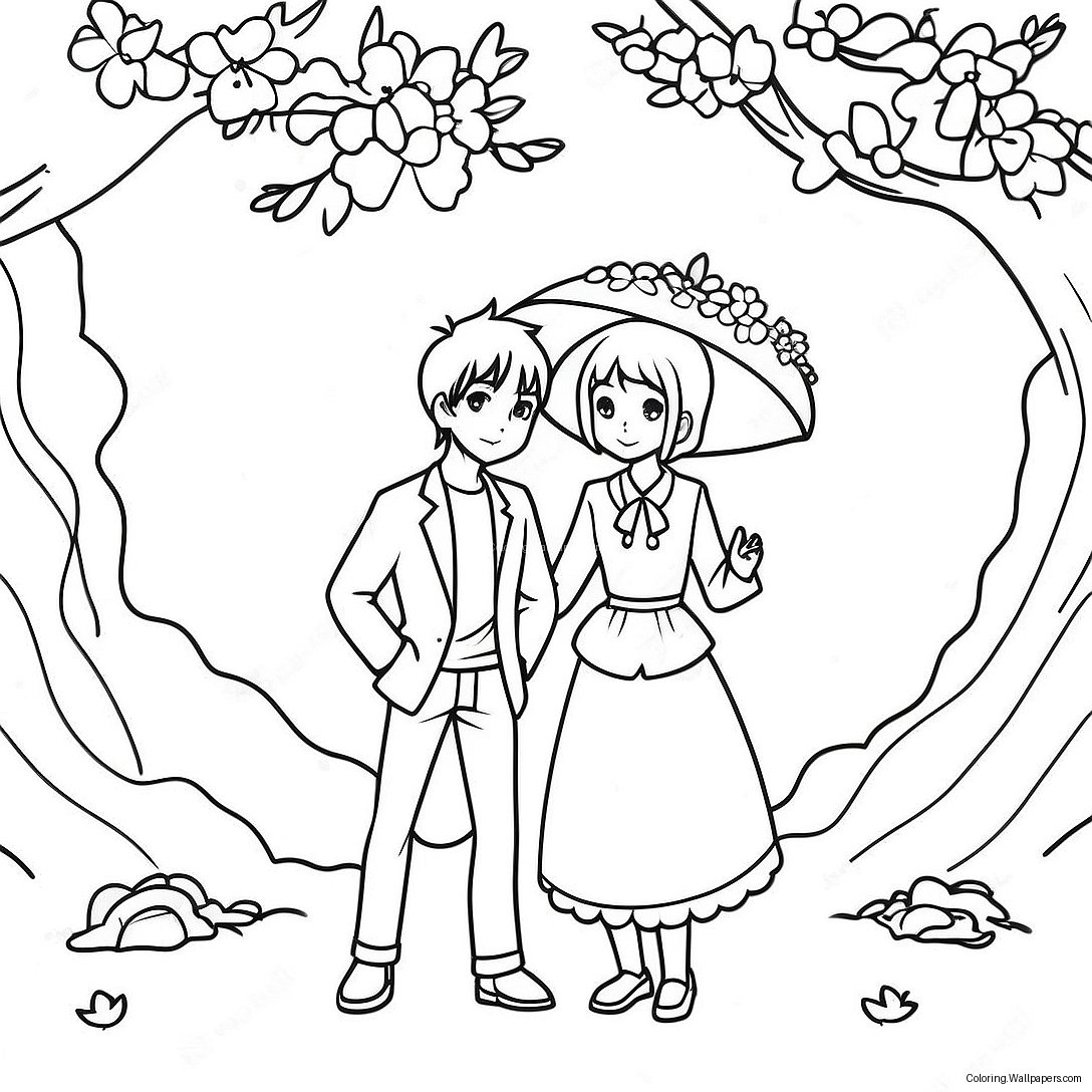 Cute Anime Couple Under A Cherry Blossom Tree Coloring Page 36410