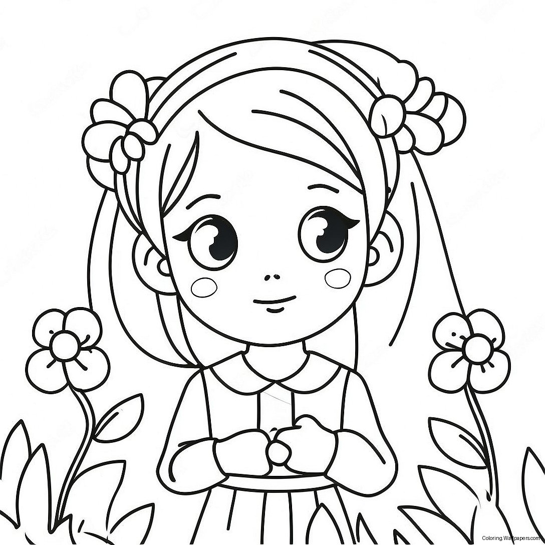 Jolie Fille Anime Avec Des Fleurs À Colorier 36570