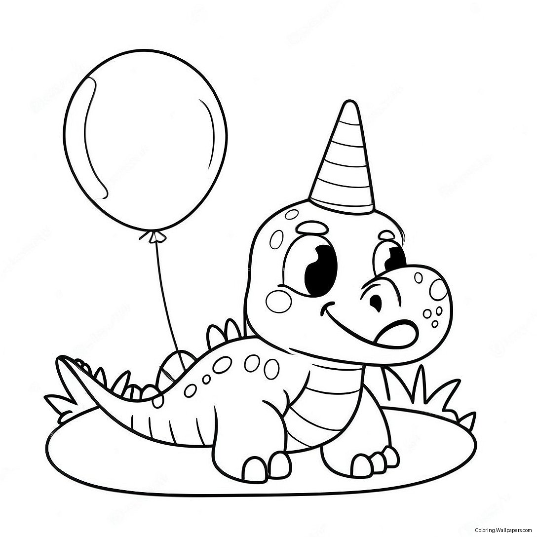 Pagina Da Colorare Del Dinosauro Carino Con Palloncino Per Il Compleanno 9994