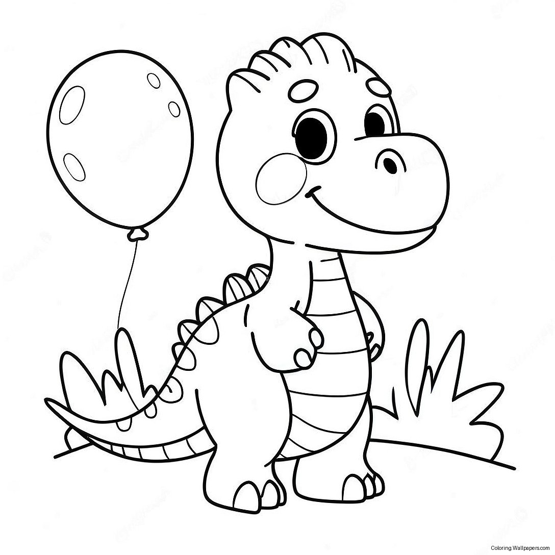 Página Para Colorear De Dinosaurio Cumpleaños Bonito Con Globo 9996