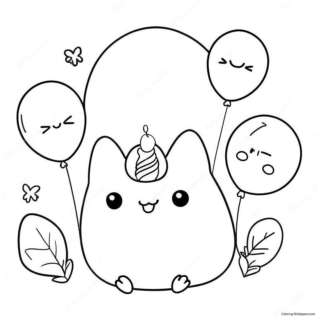 หน้าระบายสี Pusheen วันเกิดน่ารักพร้อมลูกโป่ง 46549