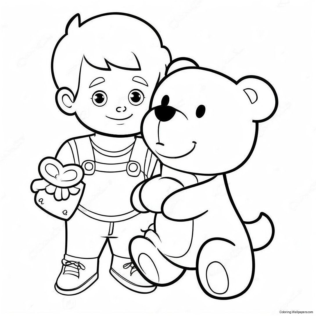 Página Para Colorear De Un Niño Adorable Con Un Osito De Peluche Para San Valentín 7518