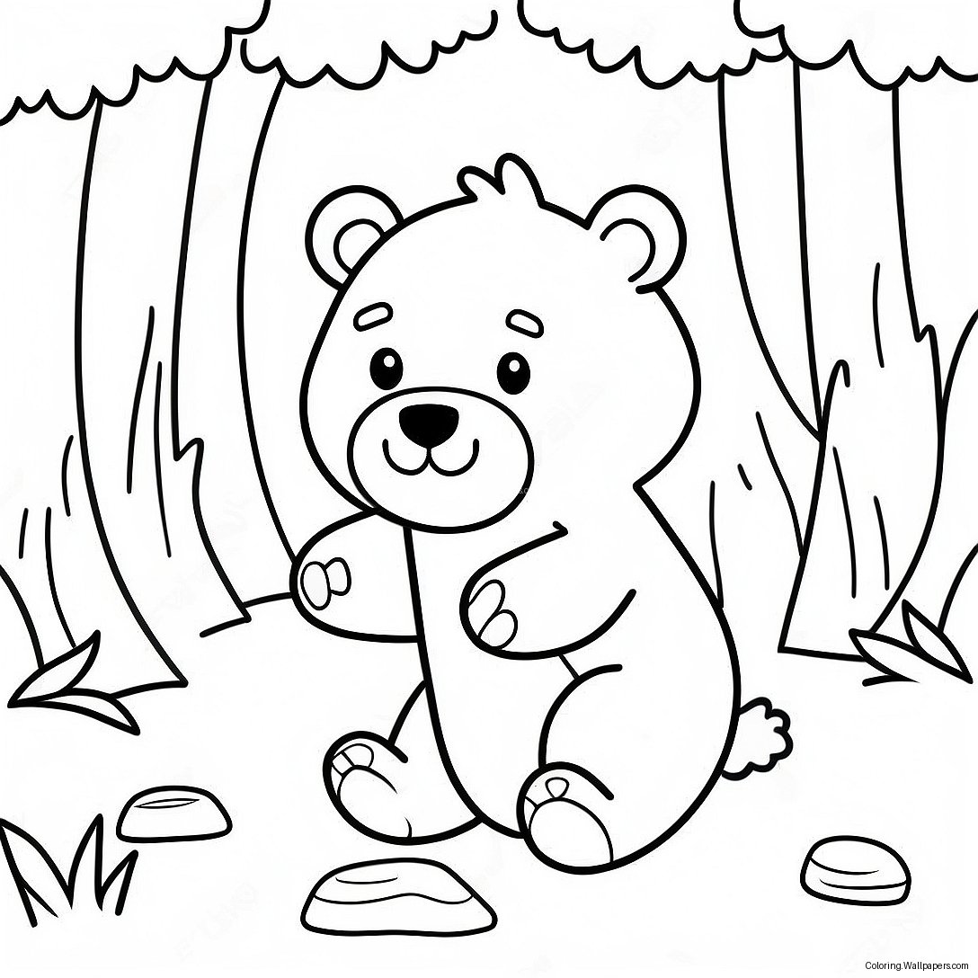 Cute Brown Bear Playing In The Forest Coloring Page 4287